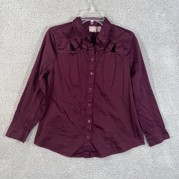 Chico's Button Up Top Womens 1 Burgundy Casual Collared Long Sleeve Cutout - Picture 1 of 11